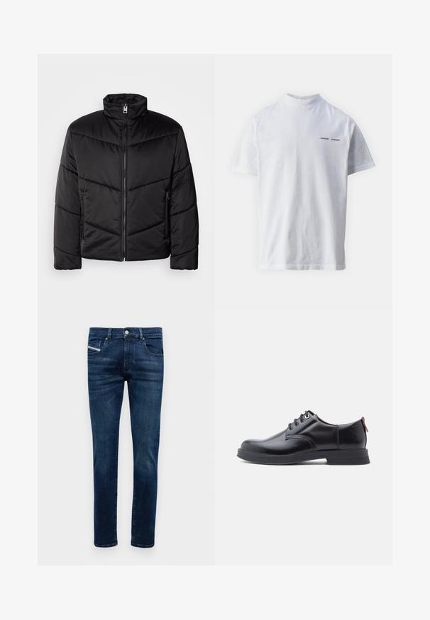 Schwarze Pufferjacke mit hohem Kragen, Reißverschluss, diagonalen Steppmustern und seitlichen Taschen mit Reißverschlüssen.; Weißes Baumwoll-T-Shirt mit hohem Ausschnitt und kurzen Ärmeln. Mit schwarzem "SAMSØE SAMSØE" Logo auf der Vorderseite. Glatte Textur.; Dunkelblaue Slim-Fit-Jeans für Herren mit fünf Taschen, Knopfverschluss und dezenten Verwaschungen an Oberschenkeln und Knien.; Schwarze Leder-Schnürschuhe mit glatter Textur, rundem Zehenbereich und dezenten Ziernähten. Mit einem roten Laschenband an der Ferse.