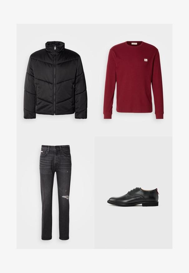 Schwarze Pufferjacke mit hohem Kragen, Reißverschluss, diagonalen Steppmustern und seitlichen Taschen mit Reißverschlüssen.; Langarmshirt aus burgundfarbenem Rippstoff mit Rundhalsausschnitt und einem kleinen Logopatch auf der linken Brust.; Schwarze Denim-Jeans mit gerade geschnittenem Bein, ausgefransten Details an den Knien, Fünf-Taschen-Stil und einem dezenten, ausgewaschenen Finish.; Schwarzer Herren-Lederschuh mit Schnürung und rotem Zuglasche an der Ferse vor schlichten Hintergrund.