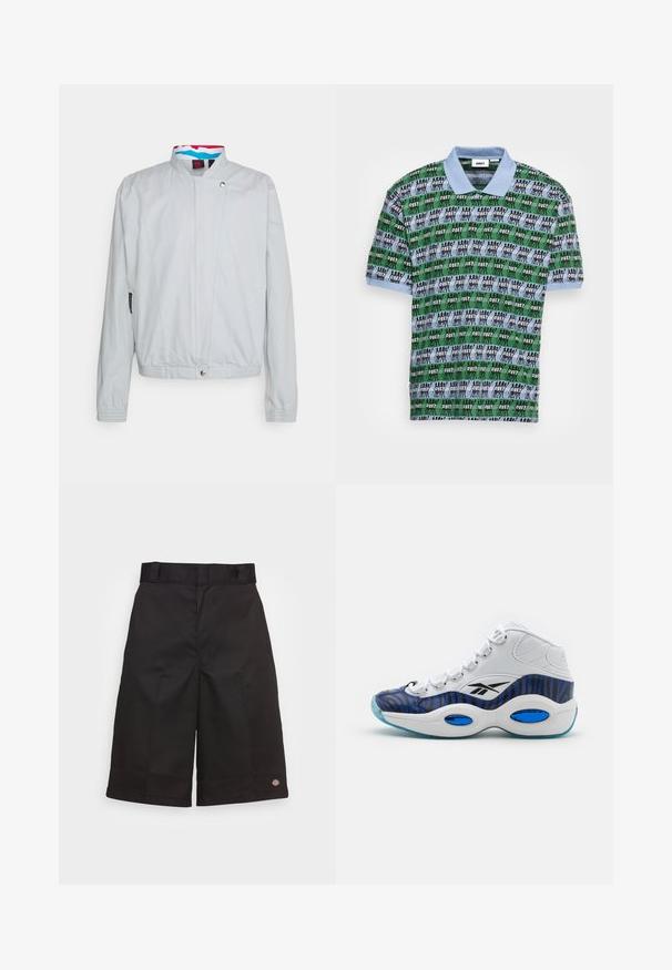 Quiksilver STRANGER THINGS THE STEVE JACKET - Let jakke / Sommerjakker - pearl blue; Kortærmet polo-shirt med en lyseblå krave, der har et gentagende grafisk mønster i grøn, blå og sort, der fremhæver ordet "OBEY."; Sort bomuldsbukser med lige snit, knælange, med et synligt mærkelogo på kanten og en glat overflade.; Højtop atletiksko med en hvid læderoverdel, blå og sort zebra-print design, og en lys blå gennemsigtig sål.