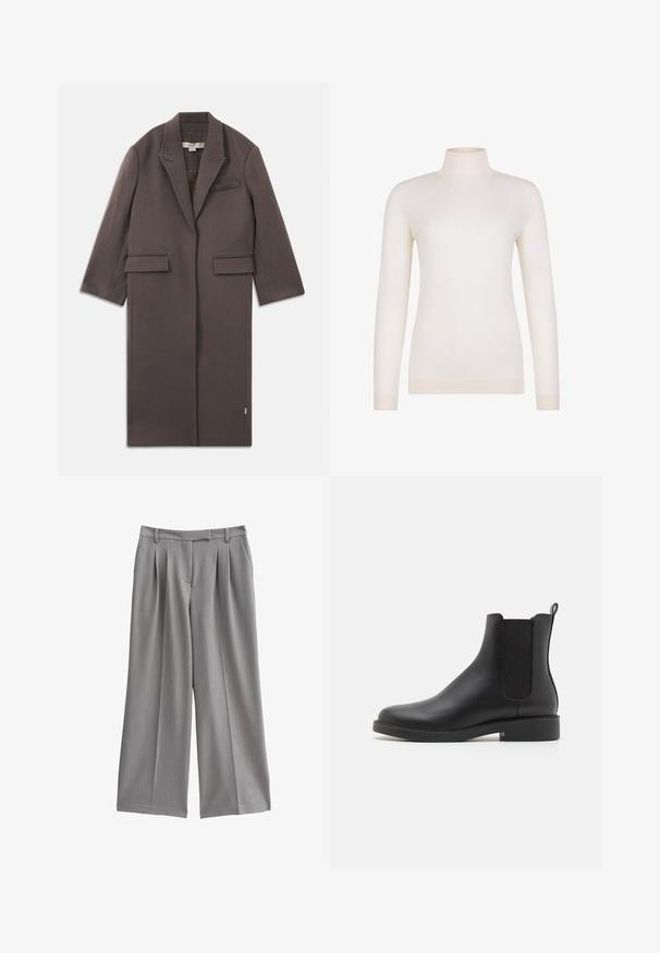 Manteau long ajusté en mélange de laine marron foncé. Présente un col cranté, des poches latérales et une poche poitrine unique. Intérieur non doublé.; Pull col roulé crème à manches longues avec poignets et ourlet côtelés, présenté sur un fond blanc uni.; Pantalons larges gris avec un devant plissé, fabriqués à partir d'un tissu lisse. Dotés d'une taille plate avec passants de ceinture et de poches latérales.; Bottines en cuir noir avec des panneaux élastiques sur les côtés, bout arrondi, petit talon carré et une languette à l'arrière pour un enfilage facile.