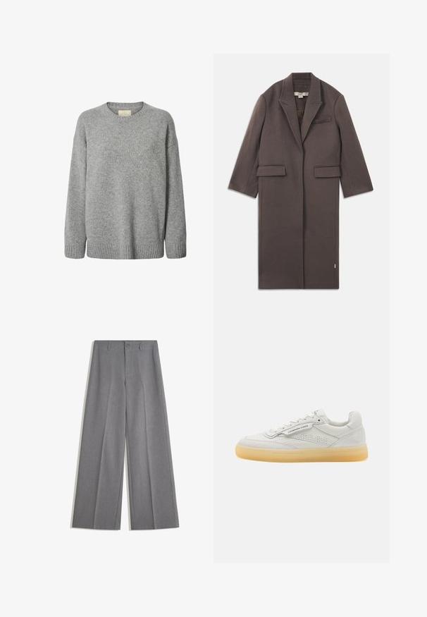 Manteau long ajusté en mélange de laine marron foncé. Présente un col cranté, des poches latérales et une poche poitrine unique. Intérieur non doublé.; Pull gris en maille avec un col rond, épaules tombantes et ourlet côtelé. Texture douce avec un motif uniforme et aucun élément métallique visible.; Pantalons gris à larges jambes avec passants de ceinture, fermeture à bouton sur le devant et plis marqués le long de chaque jambe.; Basket blanche en cuir avec des accents perforés, bout rond et semelle en caoutchouc crème. Présente des coutures ton sur ton et un design minimaliste.