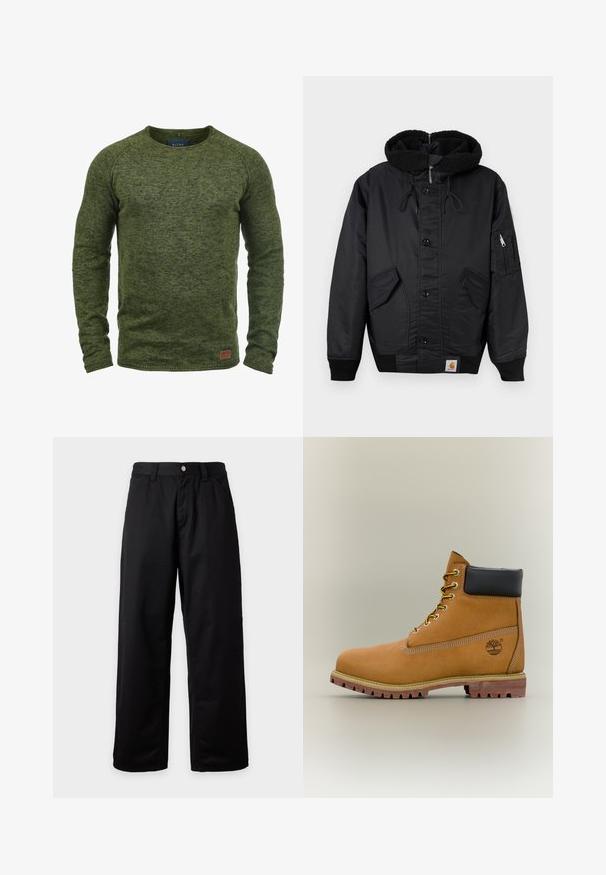 Sort jakke med fleece-foret hætte, frontknaplukning, to store sidelommer og en ekstra lynlås lomme på ærmet.; Grøn sweater lavet af struktureret strikstof, med rund hals, lange ærmer og et lille brunt logo-patch på den nederste front.; Sorte bukser med vide ben, bæltestropper, knap og lynlås foran, vist mod en ensfarvet lys baggrund.; Brun læderankelstøvle med sort krave, gule snørebånd og tanfarvet sål. Har logo og hvide syninger som detalje. Robust ydersål med greb.