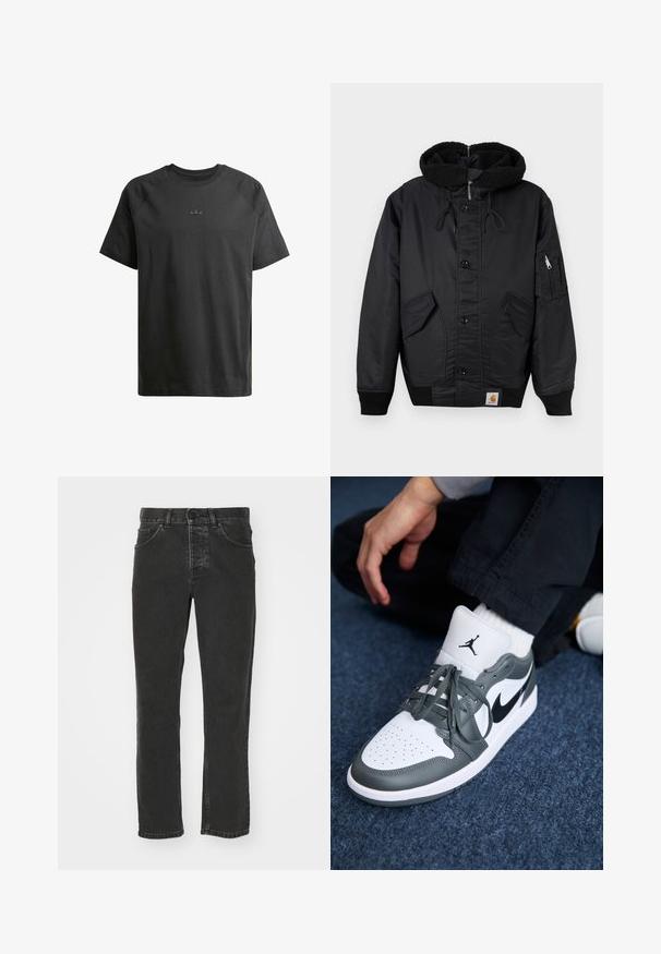 Schwarze Jacke mit einer fleecegefütterten Kapuze, vorderem Knopfverschluss, zwei großen Seitentaschen und einer zusätzlichen Reißverschlusstasche am Ärmel.; Schwarz Baumwoll-T-Shirt mit kurzen Raglanärmeln, das ein dezentes eingeprägtes Logo auf der Brust und eine durchgehend glatte Textur aufweist.; Schwarze Jeans aus Denim mit geradem Bein, klassischem Fünf-Taschen-Design, Knopfverschluss und verblasster Optik. Angenehme Textur, keine sichtbaren Muster.; Nike Air Jordan 1 Sneakers aus weißem und grauem Leder, mit einem schwarzen Logo, perforierter Zehenpartie und flachen grauen Schnürsenkeln.