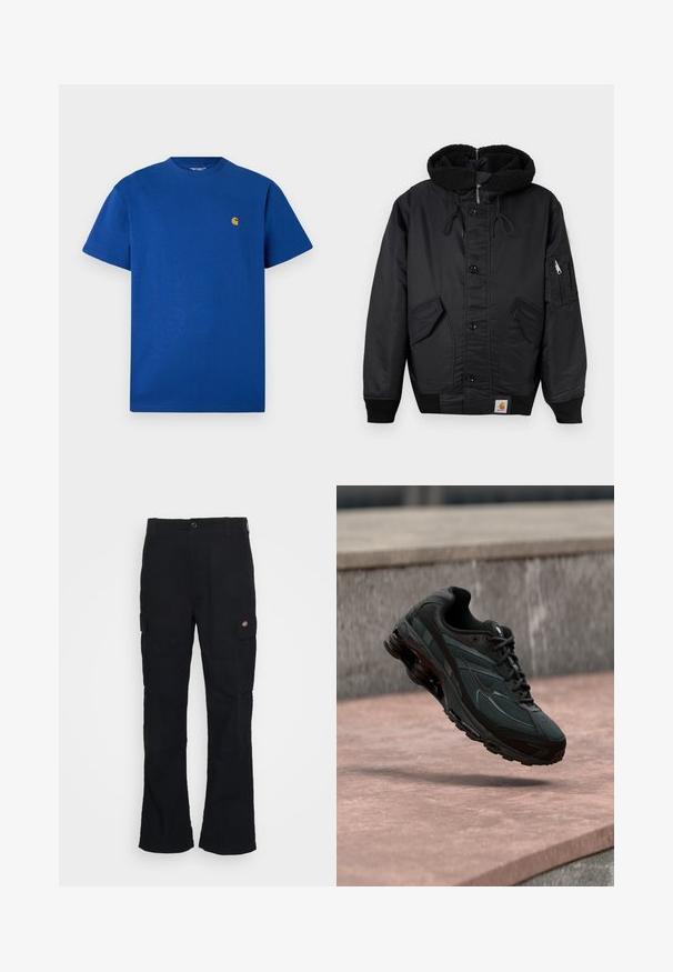 Schwarze Jacke mit einer fleecegefütterten Kapuze, vorderem Knopfverschluss, zwei großen Seitentaschen und einer zusätzlichen Reißverschlusstasche am Ärmel.; Blaues Baumwoll-T-Shirt mit Rundhalsausschnitt, kurzen Ärmeln und einem kleinen goldenen Logo auf der Brust. Glatte Textur und lässige Passform.; Schwarze Cargo-Hose mit geradem Bein, aus strapazierfähigem Stoff gefertigt, mit Seitentaschen und einem aufgenähten Logo auf der linken Seite.; Schwarzer athletischer Sneaker mit sichtbarer Air-Cushioning-Zwischensohle, der über einer rosa Steinoberfläche mit grauer Steinmauer im Hintergrund schwebt.