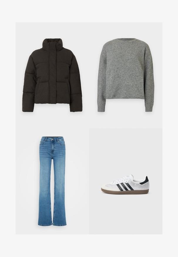 Mørkebrun dunjakke med opretstående krave, quiltede detaljer og lynlås foran. Blød tekstur, voluminøs form og ingen synlig hardware.; Grå strikket sweater med rund hals, lange ærmer og en afslappet pasform. Teksturen virker blød med et subtilt meleret mønster.; Højtaljede blå denim flared jeans med en glat tekstur, syninger på frontlommerne og rå kanter ved de brede benåbninger.; Hvid mesh-sneaker med sorte striber, beige ruskind på tåhætte og hæl, tekstureret gummisål og hvide snørebånd. Klassisk lavtopsdesign.