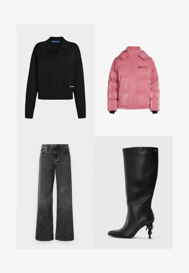 Veste doudoune rose avec texture brillante et matelassée, col haut, boutons-pression et accent logo noir sur la poitrine. Comprend des poignets élastiques.; Pull en maille noir à manches longues avec col, poignets et ourlet côtelés, et petit logo blanc près du bas à droite.; Jean noir à jambes larges avec une texture délavée, cinq poches et une fermeture à bouton. Présente des coutures contrastantes et une taille classique.; Botte noire à mi-mollet en cuir lisse. Elle possède un bout pointu et un talon sculptural distinctif avec un accent décoratif.