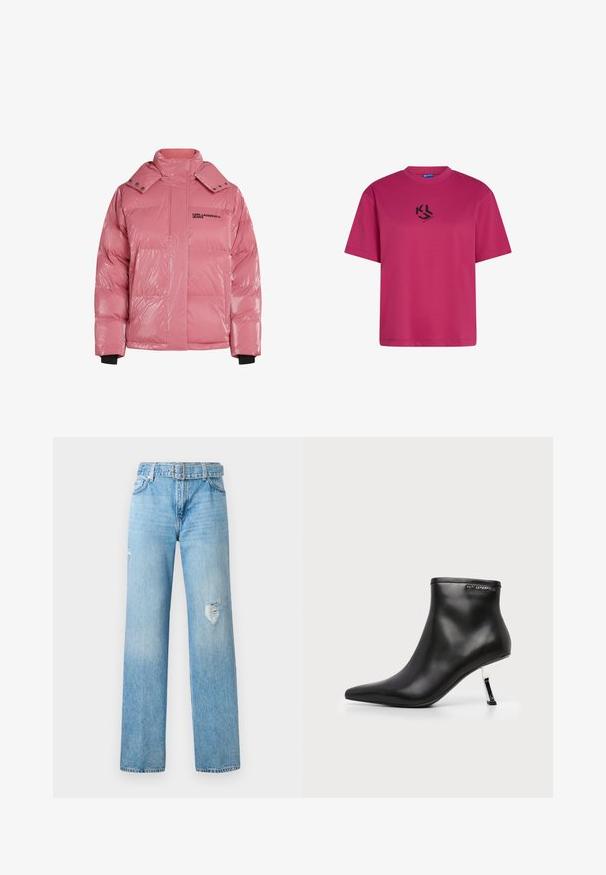 Roze pufferjack met een glanzende, gewatteerde textuur, hoge kraag, drukknoopsluiting en zwarte logoaccenten op de borst. Voorzien van elastische boorden.; Magenta T-shirt met korte mouwen, ronde hals en klein zwart KL-logo gedrukt op de voorkant in het midden.; Lichtblauwe denim jeans met een wijde pijp, voorzien van versleten details op de knieën en een klassiek vijf-pocket ontwerp met riemlussen.; Zwarte leren enkellaars met een spitse neus en een glanzende zilveren naaldhak op een witte achtergrond.