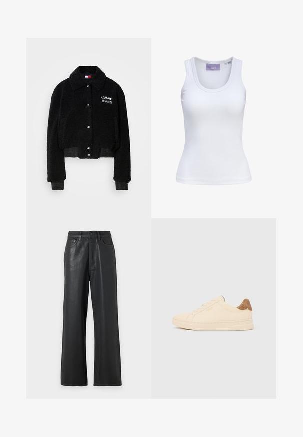 Schwarze, kurze Jacke aus flauschigem Material, mit durchgängiger Knopfleiste, Kragen und weißer "TOMMY JEANS"-Stickerei auf der Brust.; Weißes geripptes ärmelloses Tanktop mit rundem Ausschnitt und JJXX Markenetikett im Kragen, Größe Small.; Schwarze weite Hosen aus glänzendem Material. Sie verfügen über einen Knopfverschluss, Gürtelschlaufen und vordere Taschen mit glatter Textur.; Beiger Sneaker mit niedrigem Schaft, beigen Schnürsenkeln, einem braun gemusterten Fersenlaschen und dem "Coach New York"-Logo an der Seite.