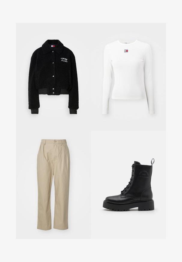 Sort cropped jakke lavet af fluffy materiale, med knaplukning fortil, krave og hvid "TOMMY JEANS" broderi på brystet.; Langærmet hvid ribbet skjorte med et lille rødt, hvidt og blåt "Tommy Jeans" logo på brystet. Blødt stof med en tætsiddende design.; Beige bukser lavet af bomuld, med afslappet pasform, frontfolder, en enkelt knaplukning og lige ben med syede kant.; Sorte læder ankelstøvler med rund tå, snørebåndsdesign, kraftig gummisål og diskrete prægede logo detaljer på siden.