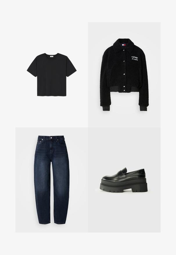 Zwarte cropped jas van fluffy materiaal, met een knoopsluiting aan de voorkant, een kraag en witte "TOMMY JEANS" borduring op de borst.; Zwarte T-shirt met korte mouwen van katoen, met een ronde halslijn en een rechte zoom. Eenvoudig en onopgesmukt ontwerp.; Donkerblauwe denim jeans met een ontspannen pasvorm, voorzien van een hoge taille, rechte pijpen en klassiek ontwerp met vijf zakken.; Zwarte lederen loafers met een chunky plateauzool. Rondere neus, naden aan de voorkant en subtiele stikselaccenten. Vlakke, gestructureerde buitenzool.
