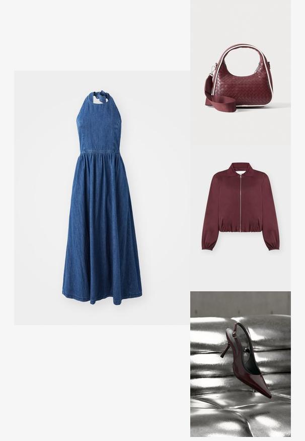 Burgundská bunda s dlhým rukávom na zips, s elastickými manžetami a lemom, s klasickým golierom a hladkou textúrou látky.; Denim šaty na ramienkach s priliehavým korzetom a splývavou sukňou, zdobené zúženým pásom a viazaním na krku.; Tmavočervená slingback lodička na vysokom opätku so špicatou špičkou, odpočívajúca na lesklej kovovej striebornej polstrovanej ploche.; Vínová tkaná kožená kabelka s oblým držadlom, bielym lemom, strieborným zipsom a odnímateľným širokým látkovým ramenným popruhom na jednofarebnom pozadí.