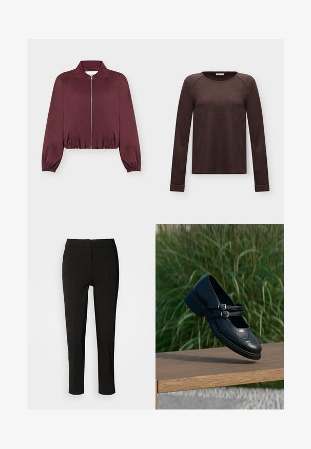 Veste bordeaux à manches longues avec fermeture éclair, poignets et bas élastiques, avec col classique et texture de tissu lisse.; Pull en maille côtelée marron foncé à manches longues, col rond et poignets repliés, présenté sur un fond clair uni.; Pantalons noirs ajustés avec une coupe slim, devant plat et sans poches visibles, offrant une texture lisse et une finition soignée au bas.; Chaussure Mary Jane en cuir noir avec doubles brides bouclées et détails brogue, flottant au-dessus d'un banc en bois avec en arrière-plan de l'herbe verte.