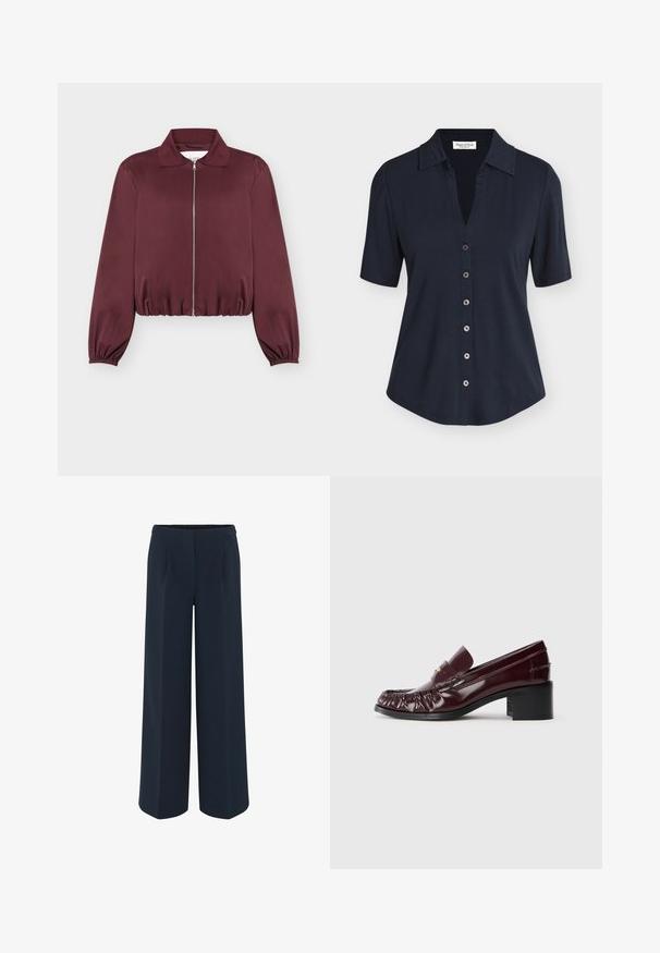 Bordeauxfarbene langärmelige Jacke mit Reißverschluss, elastischen Bündchen und Saum, mit klassischem Kragen und glatter Stoffstruktur.; Marineblaue, kurzärmelige Hemdbluse mit Kragen, sechs Knöpfen und leicht ausgestelltem Saum, auf schlichtem Hintergrund dargestellt.; Weite Hose in Dunkelblau, aus glattem Stoff, mit maßgeschneiderten Falten und hohem Taillendesign. Keine sichtbaren Taschen oder Verzierungen.; Bordeauxfarbene Lederloafer mit runder Zehenform, geraffter Textur an der Vorderseite und einem kurzen, schwarzen Blockabsatz. Goldakzent auf dem Rist.