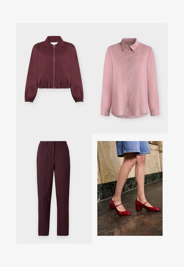 Bordeauxfarbene langärmelige Jacke mit Reißverschluss, elastischen Bündchen und Saum, mit klassischem Kragen und glatter Stoffstruktur.; Hellrosa Langarm-Bluse mit Knopfleiste, klassischem Kragen, geradem Schnitt und einfarbigem Stoff, vor weißem Hintergrund dargestellt.; Bordeauxrote, gerade geschnittene Hose mit glatter Textur, mit flacher Vorderseite und ohne sichtbare Taschen. Maßgeschneidertes Design mit klassischer Passform.; Person in glänzenden roten Mary Jane Blockabsätzen und einem blauen Jeansrock, der auf einem dunklen Fliesenboden neben einer Marmorwand steht.
