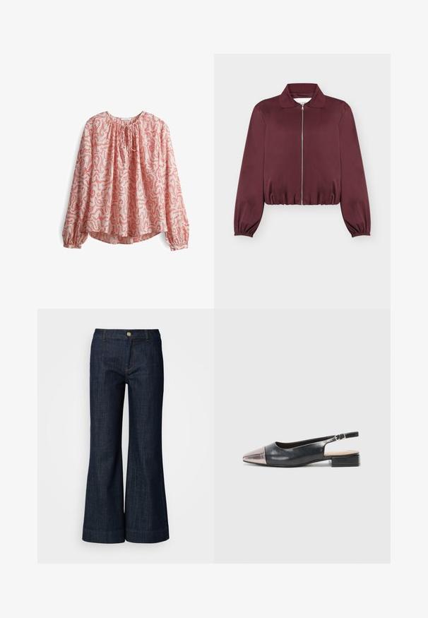 Bordeauxrode jas met lange mouwen en ritssluiting, elastische manchetten en zoom, voorzien van een klassieke kraag en een gladde stoftextuur.; Langarm blouse in lichtroze stof met een rood bloemenpatroon, met een gathering bij de hals en een strikdetail, en met elastische manchetten.; Donker gewassen denim jeans met een uitlopende pasvorm, voorzien van een knoopsluiting, oranje stiksel en omgeslagen broekspijpen. Gladde textuur en klassieke stijl.; Slingback schoenen met een zwarte leren bovenkant, een metallic rosegouden puntige neus en een lage blokhak. Gladde textuur met een gebogen ontwerp.