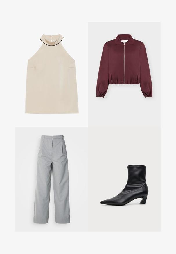 Bordeauxrode jas met lange mouwen en ritssluiting, elastische manchetten en zoom, voorzien van een klassieke kraag en een gladde stoftextuur.; Beige mouwloze haltertop van gladde stof met een hoge kraag en een rits aan de achterkant, met een minimalistisch ontwerp en geen zichtbare patronen.; Grijze wijde broek van gestructureerde stof, met een hoge taille, plooien aan de voorkant en een rechte pasvorm naar de zoom.; Zwarte halfhoge leren laars met spitse neus en lage, gebogen hak, zijaanzicht op een effen lichte achtergrond.