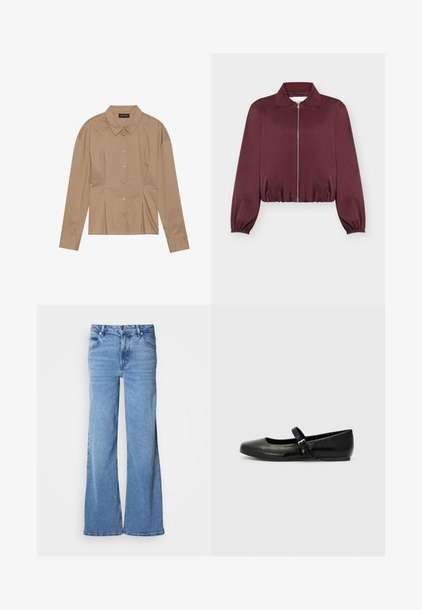 Veste bordeaux à manches longues avec fermeture éclair, poignets et bas élastiques, avec col classique et texture de tissu lisse.; Chemise marron à manches longues avec un col rabattu, fermeture à boutons sur le devant et détails de plis. Fabriquée en un tissu lisse avec un design ajusté.; Jean large de couleur bleu clair en denim. Doté d'un design classique à cinq poches et d'une braguette à boutons apparents. Texture douce et finition unie.; Ballerines en cuir noir avec un bout arrondi, une semelle plate et une fine sangle ajustable sur le cou-de-pied avec une boucle en métal.