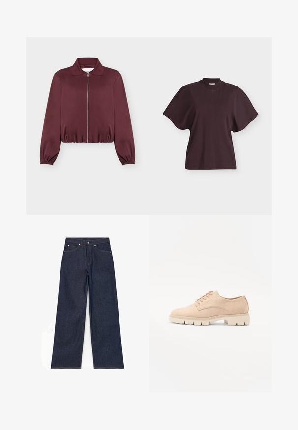 Bordeaux langærmet lynlåstrøje med elastiske manchetter og kant, med klassisk krave og glat stoftekstur.; Mørkebrun t-shirt med korte, brede ærmer og en høj rund hals, vist på en ensfarvet hvid baggrund.; Mørkeblå vidde-ben cowboybukser med knaplukning foran, lynlås og lommer foran og bagpå, vist fladt på en hvid baggrund.; Beige ruskind snørebåndssko med rund tå, tekstureret overdel og en kraftig, cremefarvet gummisål med udtalt mønster for godt greb.