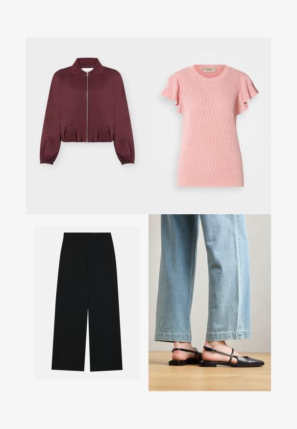 Burgundská bunda s dlhým rukávom na zips, s elastickými manžetami a lemom, s klasickým golierom a hladkou textúrou látky.; Ružový pletený sveter s krátkym rukávom s textúrovaným vlnitým vzorom, rebrovaným okrúhlym výstrihom a volánovými akcentmi na rukávoch. Ľahký a priliehavý.; Pohodlné čierne nohavice s širokými nohavicami vyrobené z hladkého materiálu. Majú plochý pás s pútkami na opasok a žiadne viditeľné vrecká. Jednoduchý dizajn.; Čierne kožené sandále na opätku s špicatou špičkou, plochým podpätkom a remienkom okolo členka; nosené s svetlomodrými voľnými džínsami.