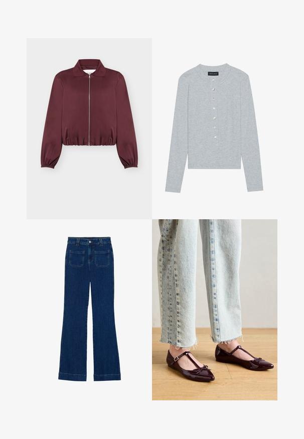 Burgundská bunda s dlhým rukávom na zips, s elastickými manžetami a lemom, s klasickým golierom a hladkou textúrou látky.; Šedý sveter na dlhý rukáv z rebrovanej látky s okrúhlym výstrihom a šiestimi prednými gombíkmi s miernym leskom.; Džínsy s rozšírenými nohavicami v tmavo modrej farbe s hladkou textúrou, dizajnom s piatimi vreckami a gombíkovým zapínaním v oblasti pása.; Lesklé bordové baleríny s T-remienkom, ozdobené mašličkou na špičke. Kombinované s krátkymi svetlomodrými riflemi.