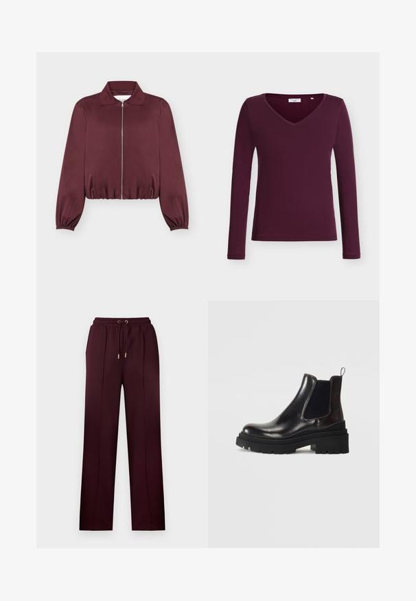 Bordeauxfarbene langärmelige Jacke mit Reißverschluss, elastischen Bündchen und Saum, mit klassischem Kragen und glatter Stoffstruktur.; Dunkellila Langarmshirt mit V-Ausschnitt und geradem Saum, vor weißem Hintergrund präsentiert. Keine sichtbaren Muster oder Designs.; Bordeauxrote Hose aus glattem Stoff, mit Kordelzugbund, Falten und einer lockeren Passform mit geraden Beinen. Goldfarbene Metallakzente.; Tamaris Stiefelette - merlot
