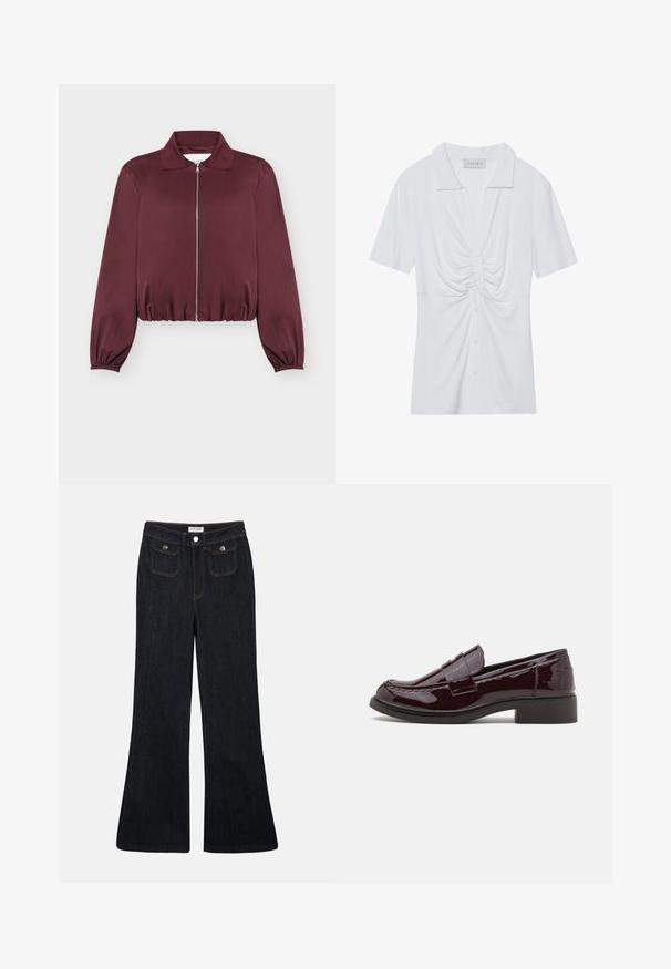 Bordeaux langærmet lynlåstrøje med elastiske manchetter og kant, med klassisk krave og glat stoftekstur.; Hvid kortærmet blouse med krave, der har en snoet knude detalje foran og en knaplukning. Glat ribbet tekstur.; Sorte denim jeans med høj talje, flared ben, to frontlommer og orange syninger. Materialet ser solidt og glat ud.; Bordeaux patenterede læderslippers med en lav blokhæl, der har traditionel syning og en stropdetalje over forfoden.