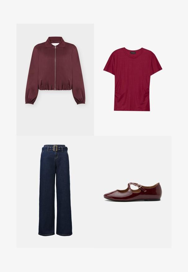 Burgundská bunda s dlhým rukávom na zips, s elastickými manžetami a lemom, s klasickým golierom a hladkou textúrou látky.; Burgundské tričko s krátkym rukávom a okrúhlym výstrihom, s gromáženými postrannými švami a hladkou textúrou. Vyrobené z ľahkej, mäkkej tkaniny.; Tmavomodré riflové nohavice s širokými nohavicami, so šitými vreckami a zodpovedajúcim opaskom s veľkou obdĺžnikovou zlatou prackou.; Lesklá bordová Mary Jane balerína s T-remienkom a zlatou prackou na jednoduchom svetlom pozadí.