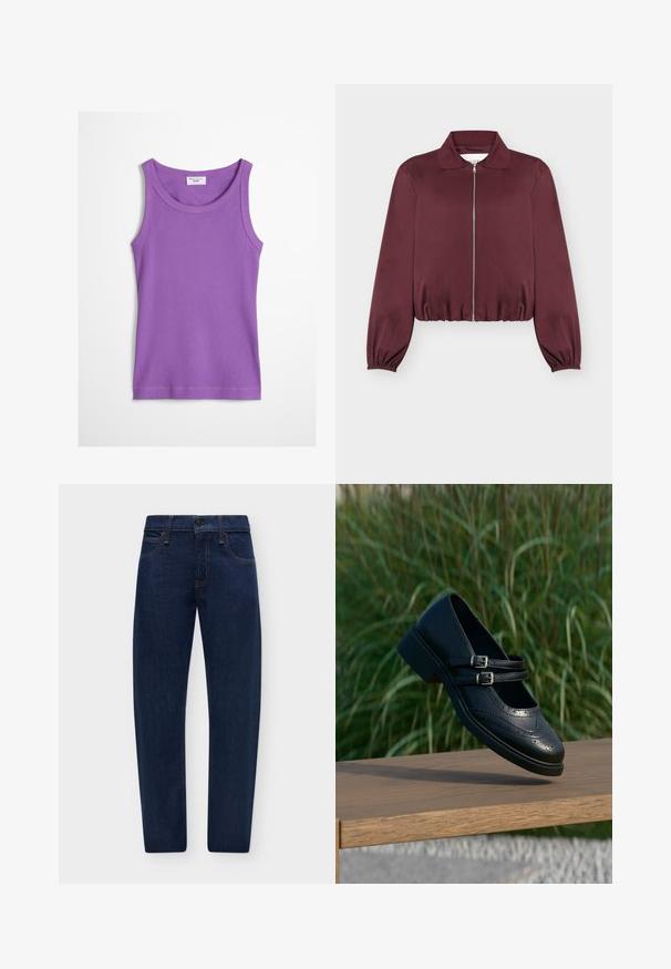 Veste bordeaux à manches longues avec fermeture éclair, poignets et bas élastiques, avec col classique et texture de tissu lisse.; Débardeur violet côtelé sans manches avec encolure ronde et étiquette Marc O’Polo Denim à l'intérieur du col.; Jean droit en denim bleu foncé avec poches avant, passants de ceinture, fermeture par bouton et zip.; Chaussure Mary Jane en cuir noir avec doubles brides bouclées et détails brogue, flottant au-dessus d'un banc en bois avec en arrière-plan de l'herbe verte.