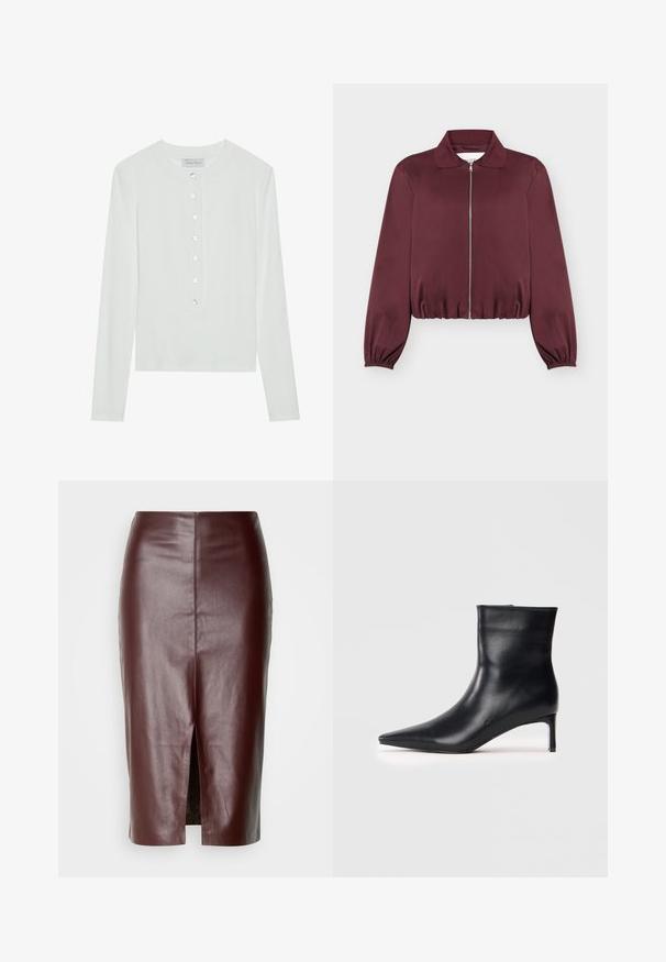 Chaqueta burdeos de manga larga con cremallera, puños y dobladillo elásticos, con cuello clásico y textura de tela suave.; Top blanco de manga larga hecho de tela acanalada, con un cuello redondo y un cierre frontal abotonado con seis botones transparentes.; Falda lápiz de cuero marrón oscuro de talle alto con costura central trasera y una abertura en la parte trasera, exhibida sobre un fondo blanco.; Bota de tobillo de piel negra con puntera afilada, diseño elegante y un tacón kitten delgado. Textura suave sin adornos visibles.
