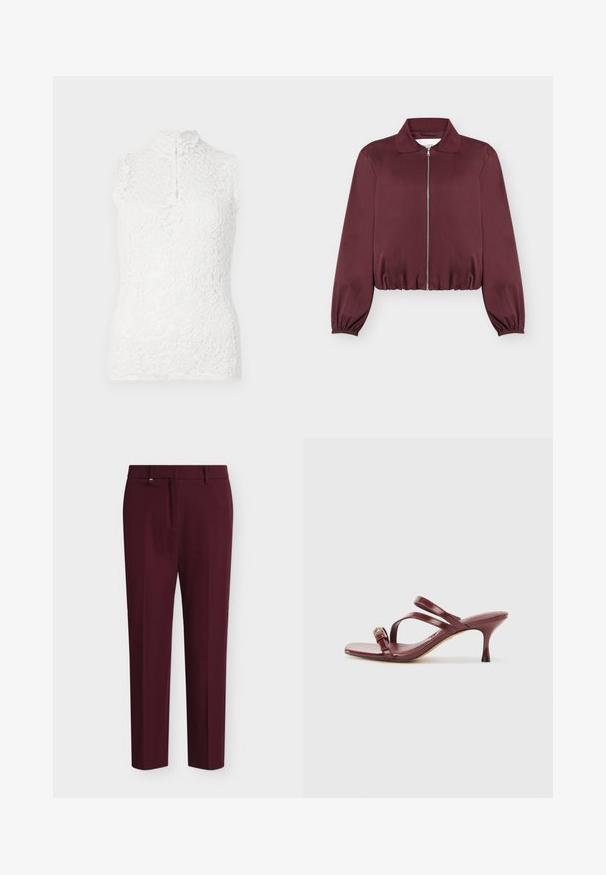 Veste bordeaux à manches longues avec fermeture éclair, poignets et bas élastiques, avec col classique et texture de tissu lisse.; Haut sans manches en dentelle blanche avec col montant, motif floral et fermeture à boutons sur fond uni.; Pantalon formel à jambe droite en bordeaux foncé avec passants de ceinture et fermeture avant dissimulée.; Sandales à talons hauts en cuir verni bourgogne avec un bout carré, deux fines lanières et une boucle dorée décorative sur le côté.