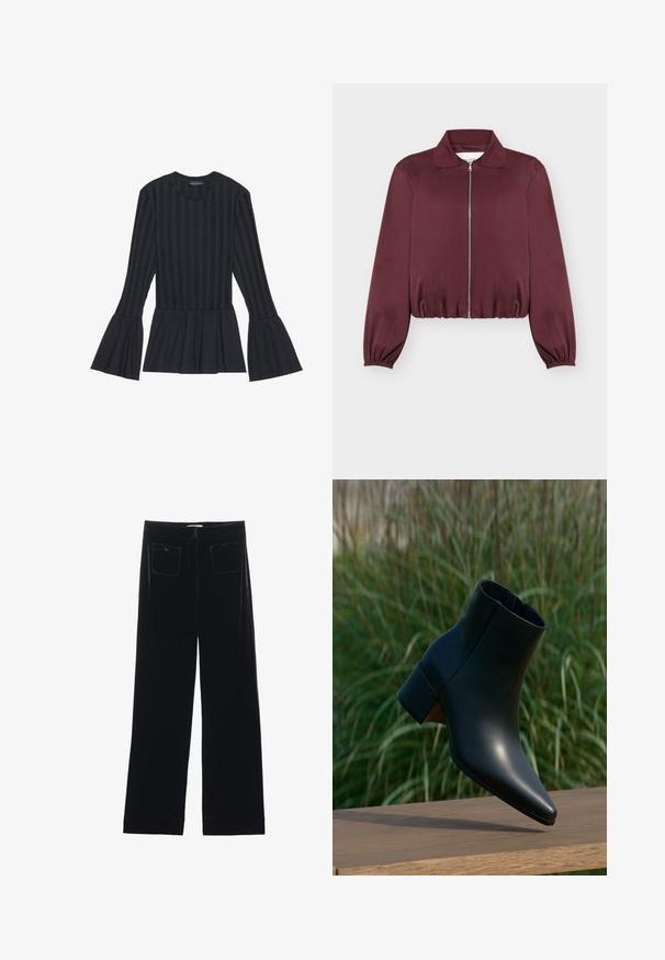 Chaqueta burdeos de manga larga con cremallera, puños y dobladillo elásticos, con cuello clásico y textura de tela suave.; Top negro de manga larga con rayas verticales y mangas acampanadas. Presenta una silueta peplum y una tela suave y texturizada.; Pantalones de terciopelo negro de pierna ancha con dos bolsillos traseros y una textura suave, con un corte recto y un acabado dobladillo en los tobillos.; Botín negro de cuero con tacón bloque, punta puntiaguda, exhibido sobre superficie de madera con fondo borroso de césped verde.
