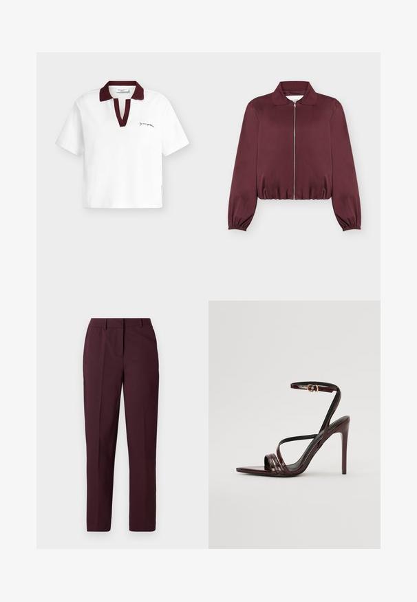 Veste bordeaux à manches longues avec fermeture éclair, poignets et bas élastiques, avec col classique et texture de tissu lisse.; Polo blanc à manches courtes avec col et patte en rouge foncé, petit logo script noir sur la poitrine gauche et étiquette sur la couture latérale.; Pantalon droit bordeaux avec une texture lisse, présentant un devant plat et sans poches visibles. Coupe ajustée avec une coupe classique.; Sandale à talons hauts en cuir verni bourgogne avec une bride de cheville, bout pointu et trois bandes horizontales sur le pied. Détail de boucle dorée.