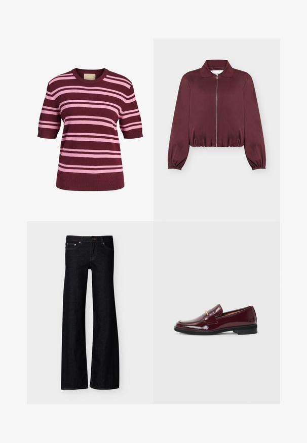 Burgundská bunda s dlhým rukávom na zips, s elastickými manžetami a lemom, s klasickým golierom a hladkou textúrou látky.; Pletený top s krátkymi rukávmi s horizontálnymi ružovými a bordovými pruhmi a guľatým výstrihom.; Čierne široké rifle s prednými vreckami, zapínaním na gombík a viditeľným prešitím, zobrazené na bielom pozadí.; Burgundské lakované mokasíny s okrúhlou špičkou, s dekoratívnym pásikom a zlatým akcentom, umiestnené na čiernej gumenej podrážke.
