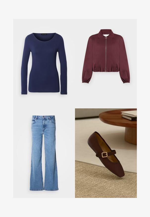 Chaqueta burdeos de manga larga con cremallera, puños y dobladillo elásticos, con cuello clásico y textura de tela suave.; Camiseta de manga larga en color navy, hecha de material suave, con un escote redondo y un diseño ajustado. Sin patrones ni acentos visibles.; Vaqueros de pierna ancha azul claro hechos de mezclilla. Presentan un diseño clásico de cinco bolsillos y una bragueta con botones visibles. Textura suave y acabado sin adornos.; Zapato plano de cuero marrón con puntera afilada y una correa decorativa con una hebilla dorada. Fondo de textura tejida en un cálido tono beige.