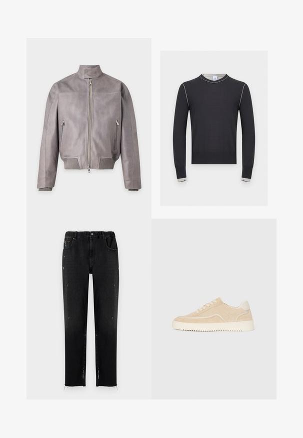 Hellgraue Lederjacke mit Frontreißverschluss, Stehkragen, zwei seitlichen Reißverschlusstaschen und gerippten Bündchen und Saum.; Schwarzer Langarmpullover mit weißen Nähten entlang der Schultern und Bündchen, mit rundem Ausschnitt und geripptem Saum und Bündchen.; Schwarze Jeans aus Denim mit elastischem Bund, geradem Schnitt, abgetragenen Details und fransigem Saum. Mit Taschen und Knopfverschluss.; Beige Wildlederschuh mit weißer Sohle und Schnürsenkeln, niedrig geschnittenes Design und Zickzackprofil auf der Sohle.
