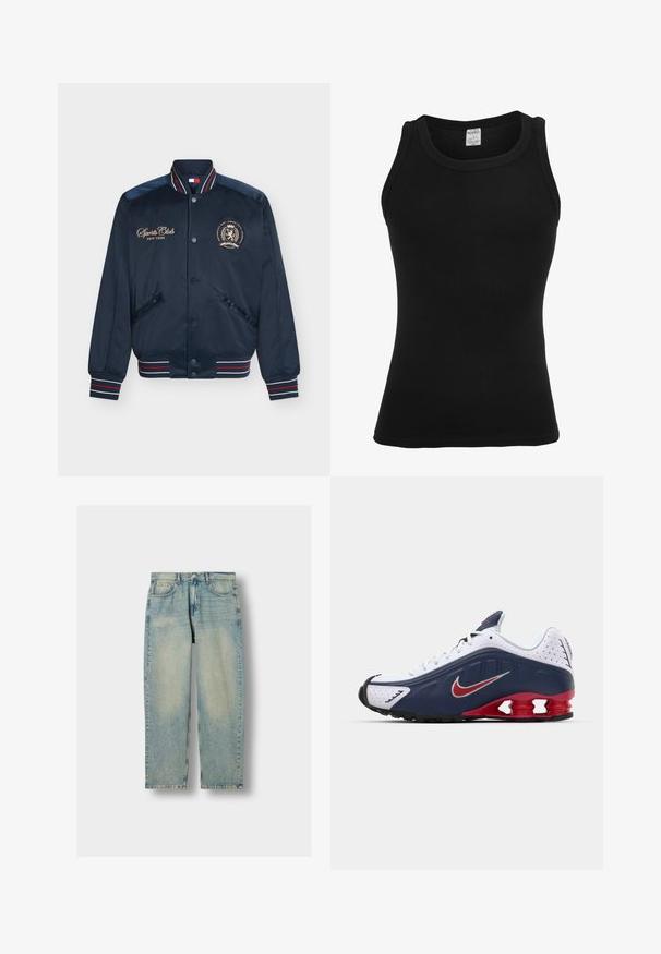 Marineblå bomberjakke med stribet krave og manchetter, trykknapper, forlommer, teksten "Sports Club New York" og broderet våbenskjold på brystet.; Sort tanktop lavet af ribbet bomuld. Ærmeløs design med rund halsudskæring og tæt pasform. Ingen synlige mønstre eller dekorationer.; Lyseblå denim jeans med lige ben, der har fem lommer og diskret falming foran og bagpå.; Hvide og marineblå atletiske sko med røde detaljer, netpaneler, polstret krave og et særpræget såledesign med synlige støddæmpningsenheder.