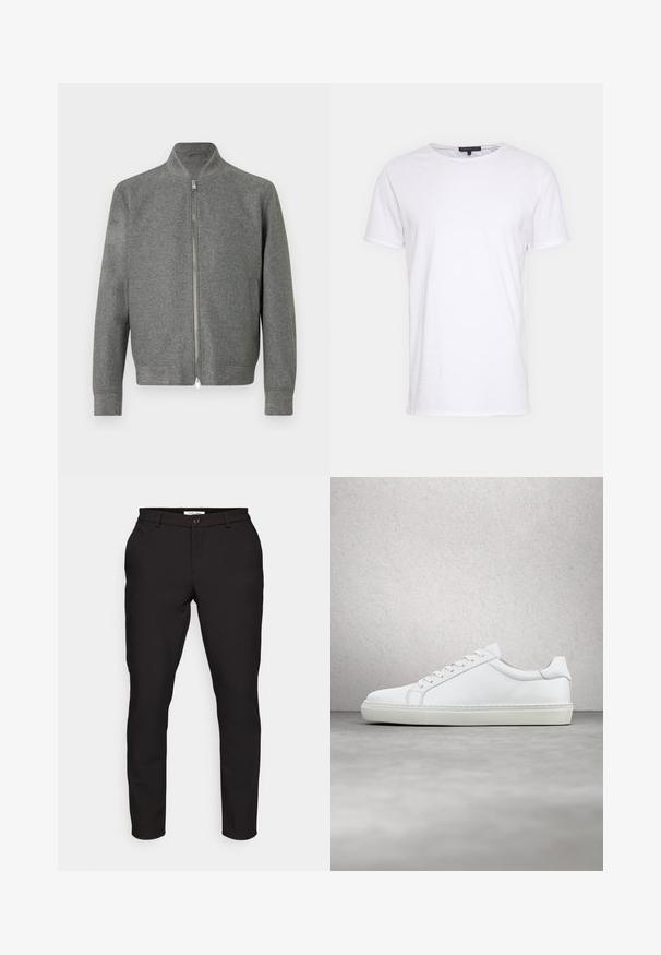 Sweater zippé gris pour homme avec manches longues et un col montant court, présenté à plat sur un fond blanc.; T-shirt en coton blanc avec un col rond, des manches courtes et une coupe droite. Présente une texture simple et lisse, sans motifs supplémentaires.; Pantalons noirs ajustés avec une coupe slim. Comprend une fermeture à glissière, un bouton, des poches latérales et un tissu lisse et léger.; Sneaker blanche avec une tige en cuir lisse et un profil bas. Présente un bout arrondi, six œillets et une semelle en caoutchouc texturé.