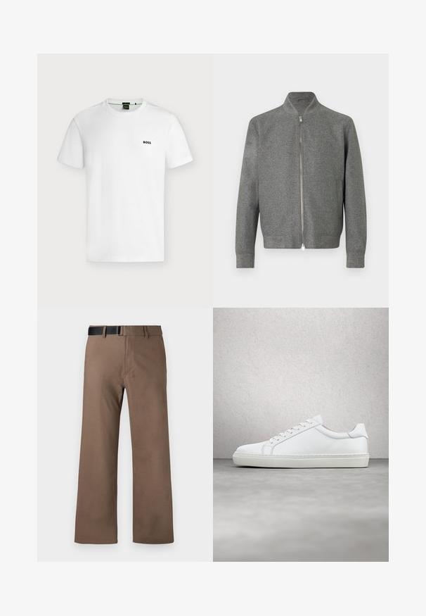 Grijze vest voor heren met rits, lange mouwen en een korte opstaand kraag, plat weergegeven tegen een witte achtergrond.; Effen wit T-shirt met korte mouwen en een klein zwart "BOSS"-logo op de linkerborst, getoond tegen een lichte achtergrond.; Bruine, wijde broek met een vlakke voorkant, riemlussen en een zwarte riem. Gemaakt van gladde stof met een nette afwerking en zonder patronen.; Witte sneaker met een gladlederen bovenwerk en een laag profiel. Voorzien van een ronde neus, zes vetergaatjes en een gestructureerde rubberen zool.