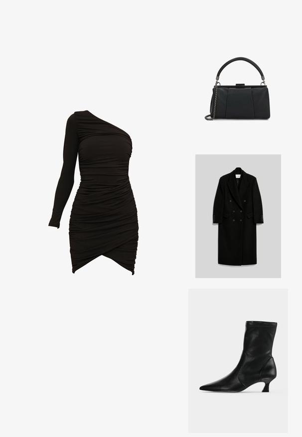 Long manteau noir à double boutonnage avec larges revers, poignets boutonnés et poches à rabat sur un fond clair uni.; Robe noire à une épaule en matériau extensible, dotée de détails froncés et d'un ourlet asymétrique pour une silhouette ajustée.; Botte mi-mollet en cuir noir avec bout pointu et petit talon kitten, vue de profil sur un fond clair uni.; Petit sac à main en cuir noir avec une poignée supérieure et une bandoulière chaîne métallique amovible sur fond blanc.