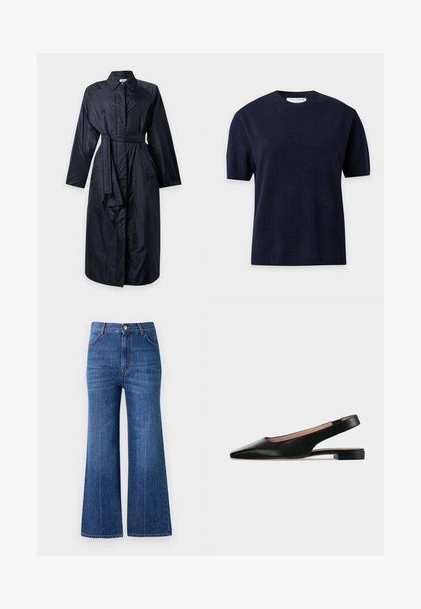 Lange zwarte trenchcoat met een tailleceintuur, lange mouwen, een kraag en zijzakken, getoond op een effen witte achtergrond.; Marineblauwe korte mouwen gebreide trui met ronde hals en geribbelde manchetten en zoom, merk Tiger of Sweden.; Brede pijpen jeans in donkerblauwe denim, met een hoge taille, subtiele wassing en een klassieke vijf-pocketontwerp. Geborduurd met contrasterend garen.; Zwarte leren slingback platte schoen met spitse neus en lage vierkante hak op een witte achtergrond.