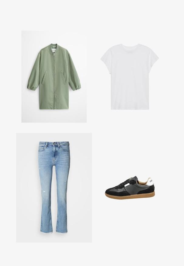 Lichtgroene lange bomberjas met voorrits, geribde kraag, elastische manchetten en twee schuine zijzakken, gepresenteerd op een witte achtergrond.; Witte t-shirt met korte mouwen, ronde hals, relaxte pasvorm, gemaakt van zacht katoen. Glad textuur, geen patronen of logo's.; Lichtblauwe denim flare jeans met distressed details, vijf zakken, knoopsluiting en een rafelige zoom bij de enkels.; Zwarte sneaker van suede en leer, voorzien van een rubberen zool, opvallende veters en een witte accen t bij de hiel.