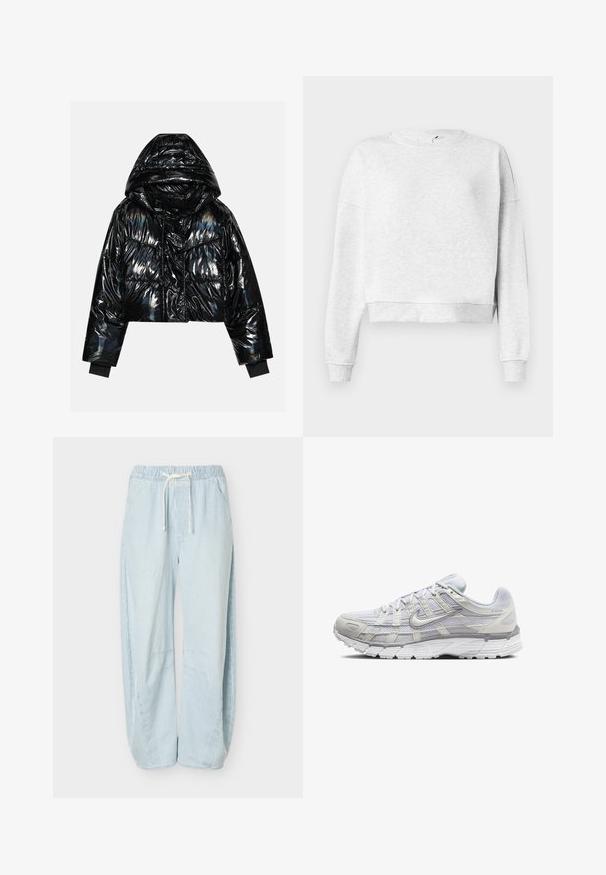 Even&Odd Vinterjakker - black; Grå bomulds sweatshirts med rund halsudskæring, dropped skuldre og ribbetræk. Har en cropped kant og blødt, tekstureret stof.; Lyseblå og hvide lodrette stribede løstsiddende bukser med elastisk talje og hvid snøre, med sidelommer.; Lys grå atletik sko med en overdel i mesh og syntetiske materialer, der har snørebånd, polstret krave og struktureret sål for godt greb.