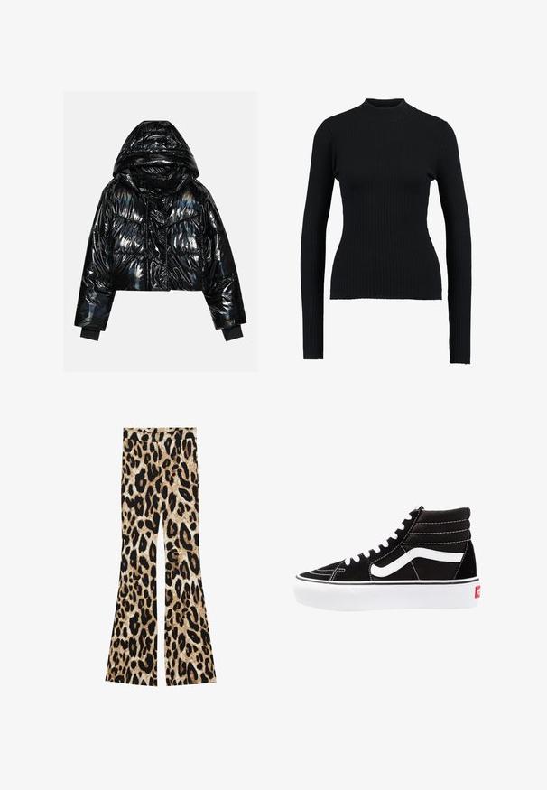 Even&Odd by Zalando Veste d'hiver - black; Pull à col roulé noir à côtes, avec manches longues et une coupe ajustée, présentant une texture lisse et une silhouette structurée.; Pantalons évasés avec un motif léopard dans des tons de noir et de marron, texture côtelée et une taille haute.; Baskets montantes noires avec des lacets blancs, un logo blanc et des coutures blanches contrastées. Dotées d'une épaisse semelle blanche et d'un dessus en daim texturé.