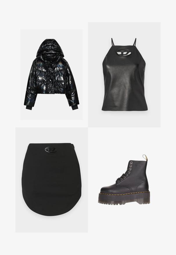 Even&Odd Winterjas - black; Zwarte faux leren tanktop met dunne bandjes, een halternek en een ovale uitsparing op de borst. Gladde textuur, aansluitend ontwerp.; Zwarte skaterrok met een gladde textuur, voorzien van een afgeronde zoom en een opvallend zwart logo-accent bij de taille. Geen zichtbare sluitingen.; Zwarte lederen enkellaars met zes-oogsluiting, gele stiksels en een transparante plateauzool met een gekartelde rand.