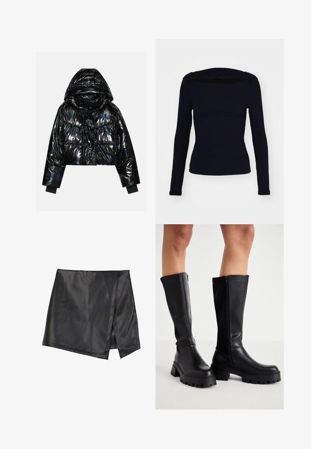 Even&Odd Vinterjakker - black; Marineblå langærmet ribbet top med firkantet halsudskæring, tætsiddende design og tekstureret stof. Har en ren, minimalistisk stil.; Even&Odd Mini skirts - black; Sorte knæhøje støvler lavet af glat kunstlæder med en kraftig sål, lynlås i siden og design med rund tå.