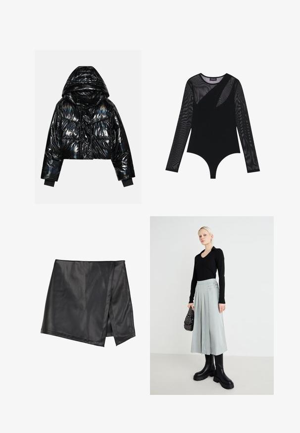 Even&Odd by Zalando Talvejope - black; Mustmust dress, mille pikad, läbipaistvad võrkkäised, millel on keha lähedane lõige, ümmargune kaelus ja sile, sujuv kangas.; Even&Odd by Zalando Miniseelik - black; Musta pika varrukaga topp, heledast hallist volangseelik, millel on topelt-luku detailid, ja mustad paksu tallaga saapad; hõbe käekott, millel on kaunistused.