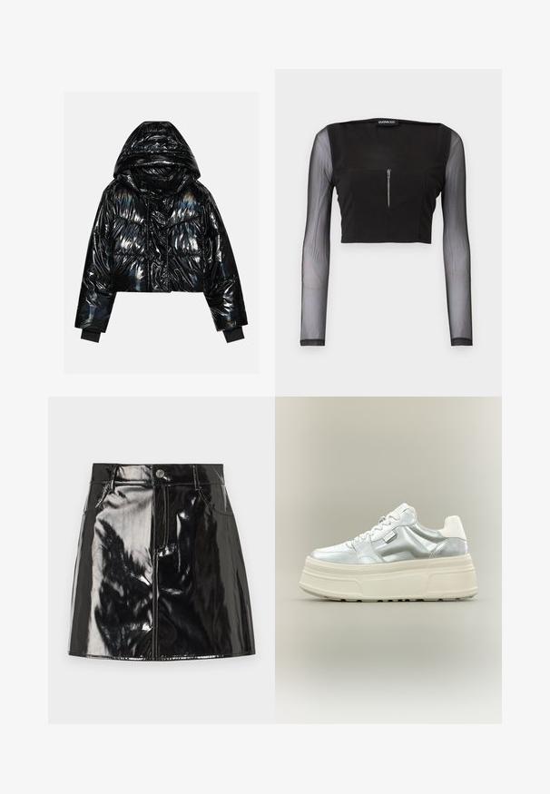 Even&Odd by Zalando Veste d'hiver - black; Crop top noir avec un décolleté carré, en tissu opaque et manches longues transparentes. La fermeture éclair à l'avant ajoute du détail au design.; Mini-jupe en vernis noir avec une finition brillante, dotée d'une fermeture à bouton, de passants de ceinture et de poches avant pour un détail supplémentaire.; Baskets à plateforme épaisses avec dessus argent métallisé, lacets blancs et semelle épaisse texturée crème, présentées en profil sur fond neutre.