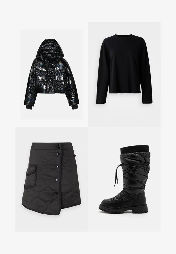 Even&Odd by Zalando Winterjas - black; Zwart langemouwen t-shirt van een zachte, lichtgewicht stof met een ronde hals en een relaxte pasvorm, met minimale stikseldetails.; Zwarte gequiltte rok met een asymmetrische zoom, voorzien van vijf donkere knopen en een zijzak met afgeronde flapdetails.; Zwarte kniehoge laarzen met een gequilt textuur, voorzien van een vetersluiting, een contrasterende geribbelde bovenrand en een dikke, robuuste zool.