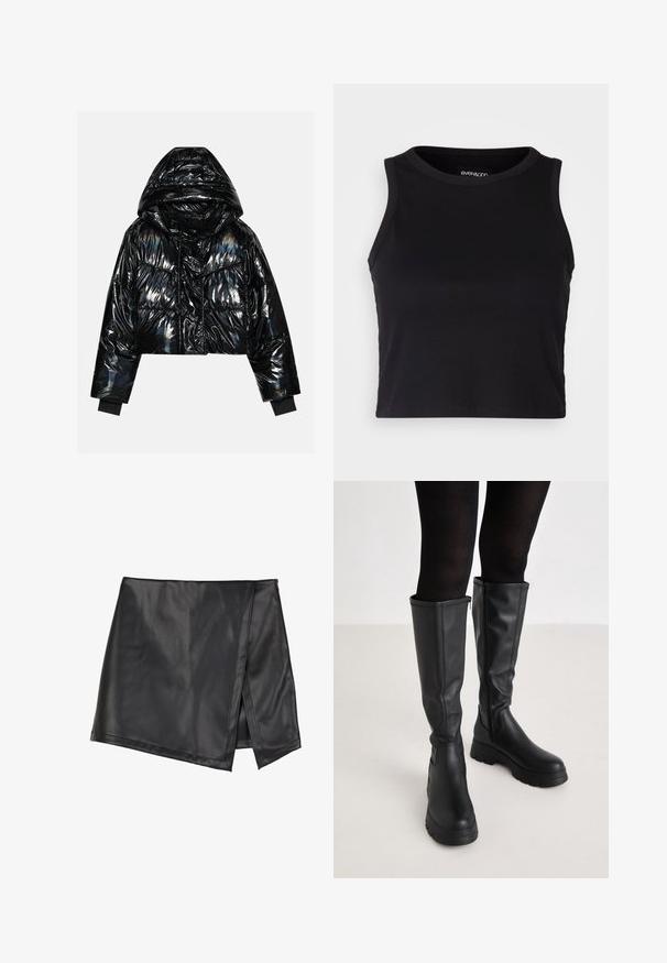 Even&Odd by Zalando Vinterjakker - black; Sort ribbet crop tank top med rund halsudskæring og ærmeløs design. Fremstillet af blødt, strækbart stof, med rene kantede kanter.; Even&Odd by Zalando Mini skirts - black; Even&Odd by Zalando Plateaustøvler - black