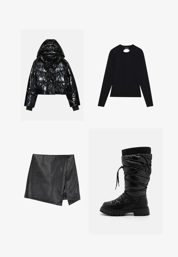Even&Odd Winterjas - black; Zwarte langemouwen shirt gemaakt van een zachte stof, met een ronde halslijn en een klein uitsnijd detail aan de voorkant.; Even&Odd Minirok - black; Zwarte kniehoge laarzen met een gequilt textuur, voorzien van een vetersluiting, een contrasterende geribbelde bovenrand en een dikke, robuuste zool.